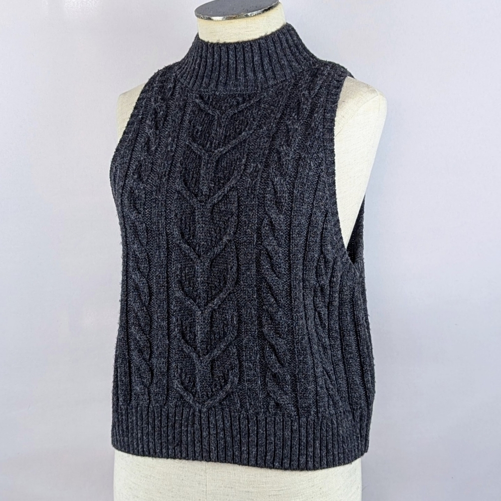 L'AGENCE Bellini Sweater Mock Neck Sleeveless Metallic Cable Knit Charcoal L NWT